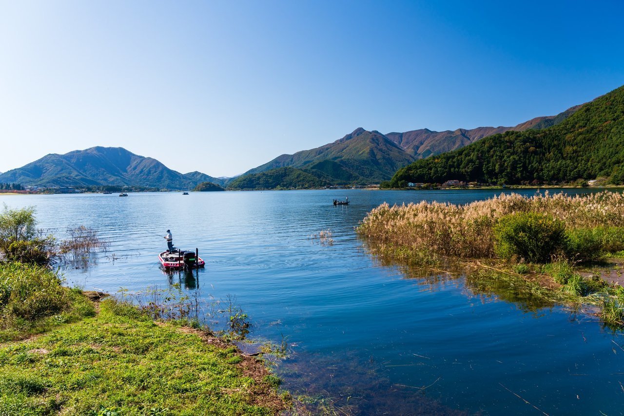 池に浮かんだカヤックの写真
