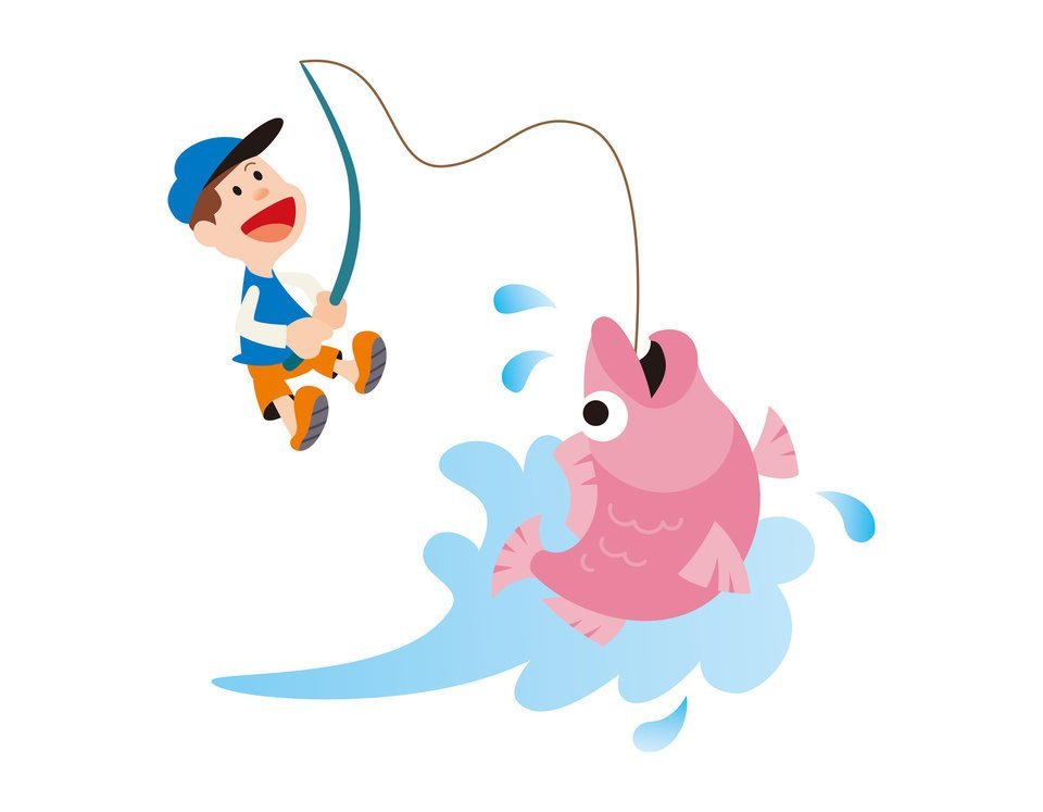 巨大魚を釣る釣り人のイラスト