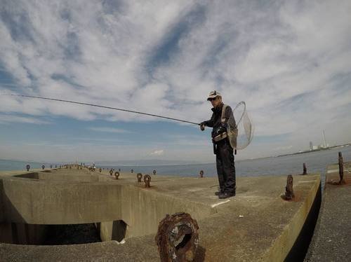 釣り人　男性　釣り竿　タモ　スリット　空　写真