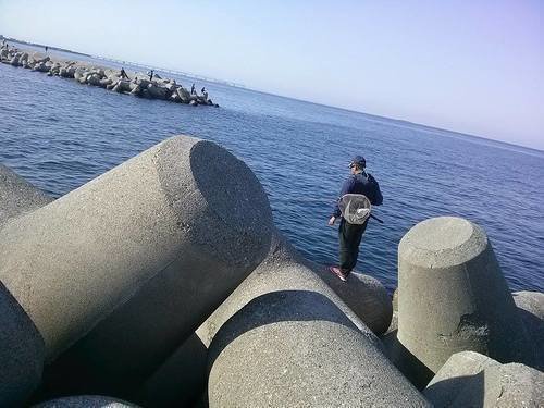 神戸和田防　釣り人　男性　タモ　釣り竿　海　写真