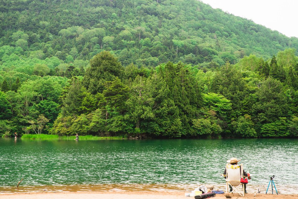 釣り人 山 木々 川 釣り竿 写真