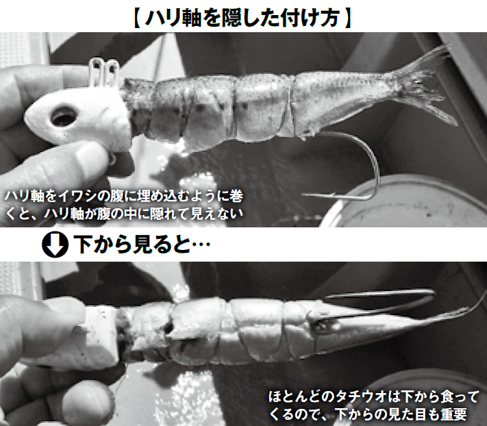 ハリ軸を隠した付け方の写真